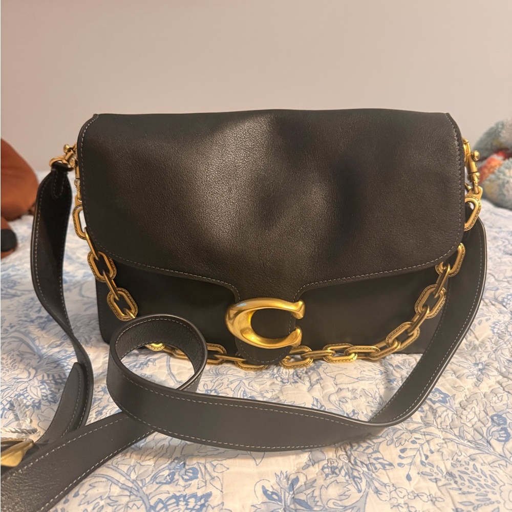 Coach Black Leather Shoulder Bag with Gold Chain Accent